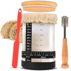 imageEcoNour 1000 ml Wooden Sourdough Bread Starter Kit  34oz Glass Jar with Thermometer Spatula Cloth Cover  DateMarked Feeding Band  Ideal for Beginners  Bread Fermentation ampamp Baking Essentials