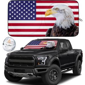 imageEcoNour 240T Windshield Sun Shade Patriotic Design  American Flag ampamp Bald Eagle  UV ampamp Heat Protection for Cars Interior Cool Trucks SUVs  Foldable Reflective Sun Visor 64quot x 32quotRed