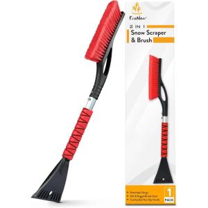 imageEcoNour 27quot Aluminum Car Snow Scraper and Brush  Weaved Bristle Head with Metal Body Ice Scraper for Car Windshield  Tough Show Shovel with Ergonomic Foam Grip Winter AccessoryRed