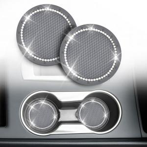 imageEcoNour Bling Cup Holder Insert 2 Pack with Push Start Button Ring 1 Pack  275 Inch Silicone Coaster Pad and 15 Inch Ring with Elegant Crystal Rhinestone  Car Interior Accessories BlackGray