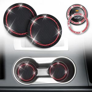 imageEcoNour Bling Cup Holder Insert 2 Pack with Push Start Button Ring 1 Pack  275 Inch Silicone Coaster Pad and 15 Inch Ring with Elegant Crystal Rhinestone  Car Interior Accessories BlackBlackred