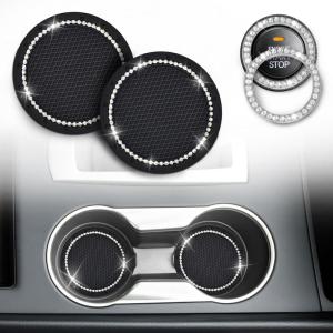 imageEcoNour Bling Cup Holder Insert 2 Pack with Push Start Button Ring 1 Pack  275 Inch Silicone Coaster Pad and 15 Inch Ring with Elegant Crystal Rhinestone  Car Interior Accessories BlackBlackwhite