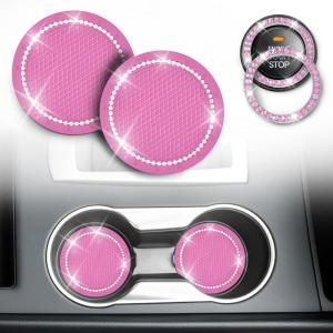 imageEcoNour Bling Cup Holder Insert 2 Pack with Push Start Button Ring 1 Pack  275 Inch Silicone Coaster Pad and 15 Inch Ring with Elegant Crystal Rhinestone  Car Interior Accessories BlackPink Coaster With Pink Ring