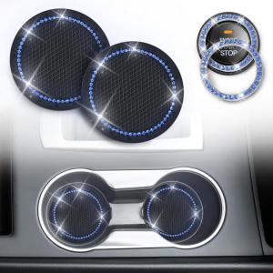 imageEcoNour Bling Cup Holder Insert 2 Pack with Push Start Button Ring 1 Pack  275 Inch Silicone Coaster Pad and 15 Inch Ring with Elegant Crystal Rhinestone  Car Interior Accessories BlackBlackblue