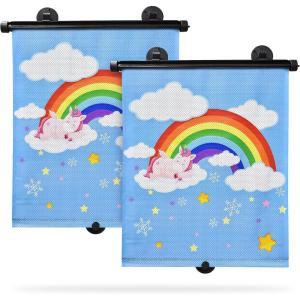 imageEcoNour Car Window Shades for Baby 2 Pack  Upgraded  Shades for Side Window  Comes with Enhanced Suction Cups ampamp Large Clips for Durability  Baby Car Accessories 18quot x 20quotSparkling Unicorns