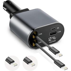 imageEcoNour Super Fast 4in1 Retractable Car Charger  PD30W Dual Lightning  82cm Long Compact ampamp Flexible  Fast Charging for iPhone Devices  Best Travel Essentials Gifts AccessoryL  L Type