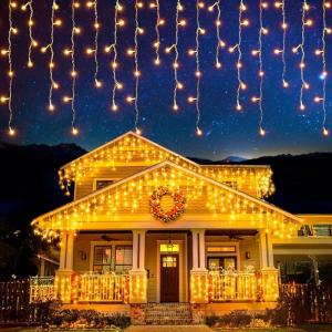 imageEcoNour Warm White Christmas Icicle Lights for Outside 5577 FT 500LED Outdoor Icicle Lights with 8 Mode 8HR Timer Memory Function Clear Wire connectable Plug in Fairy Lights for Roofline YardWarm White
