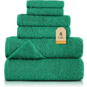 imageEcoNour Luxury 100 White Turkish Cotton Towel Set 550 GSM 6 Piece Bathroom Towels Set Includes 2 Bath Towels 2 Hand Towels 2 Washcloths  Soft Absorbent Quick Dry for Bathroom SpaGym amp HotelGreen